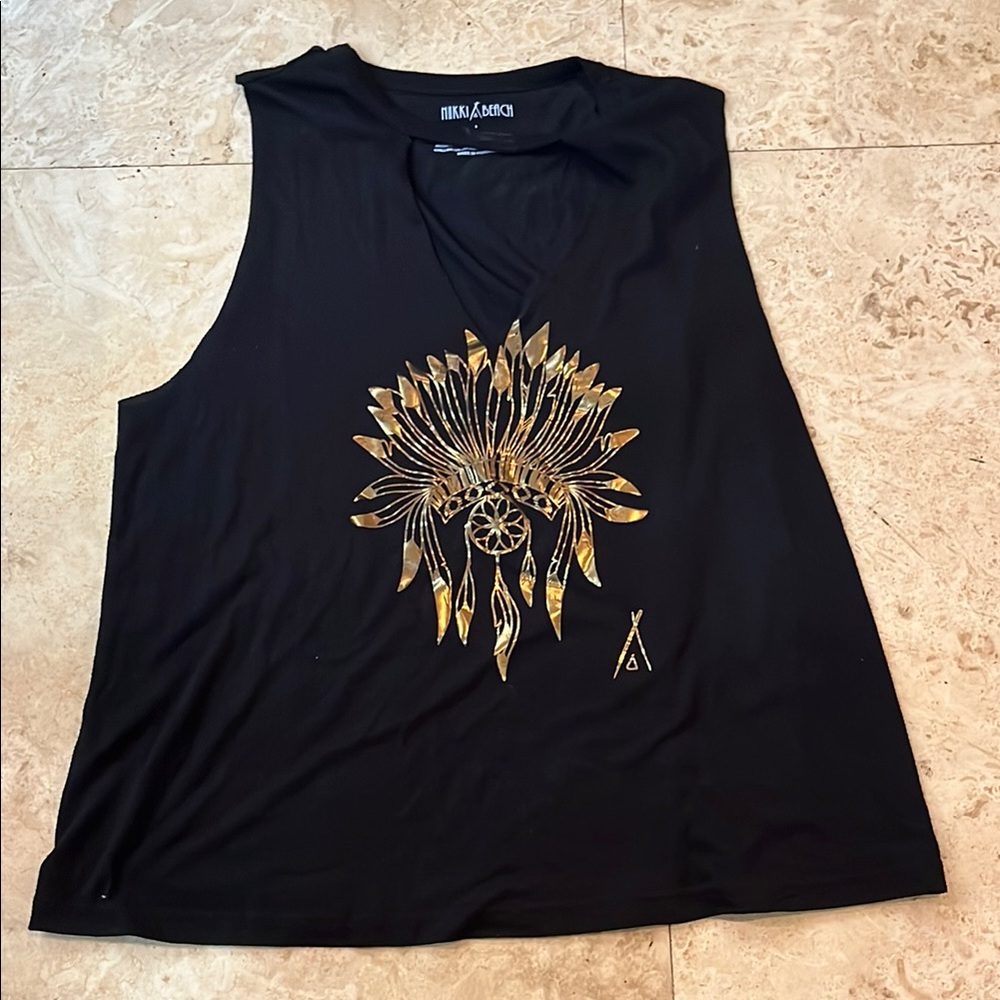 Black Sleeveless Top with Gold Headdress Design